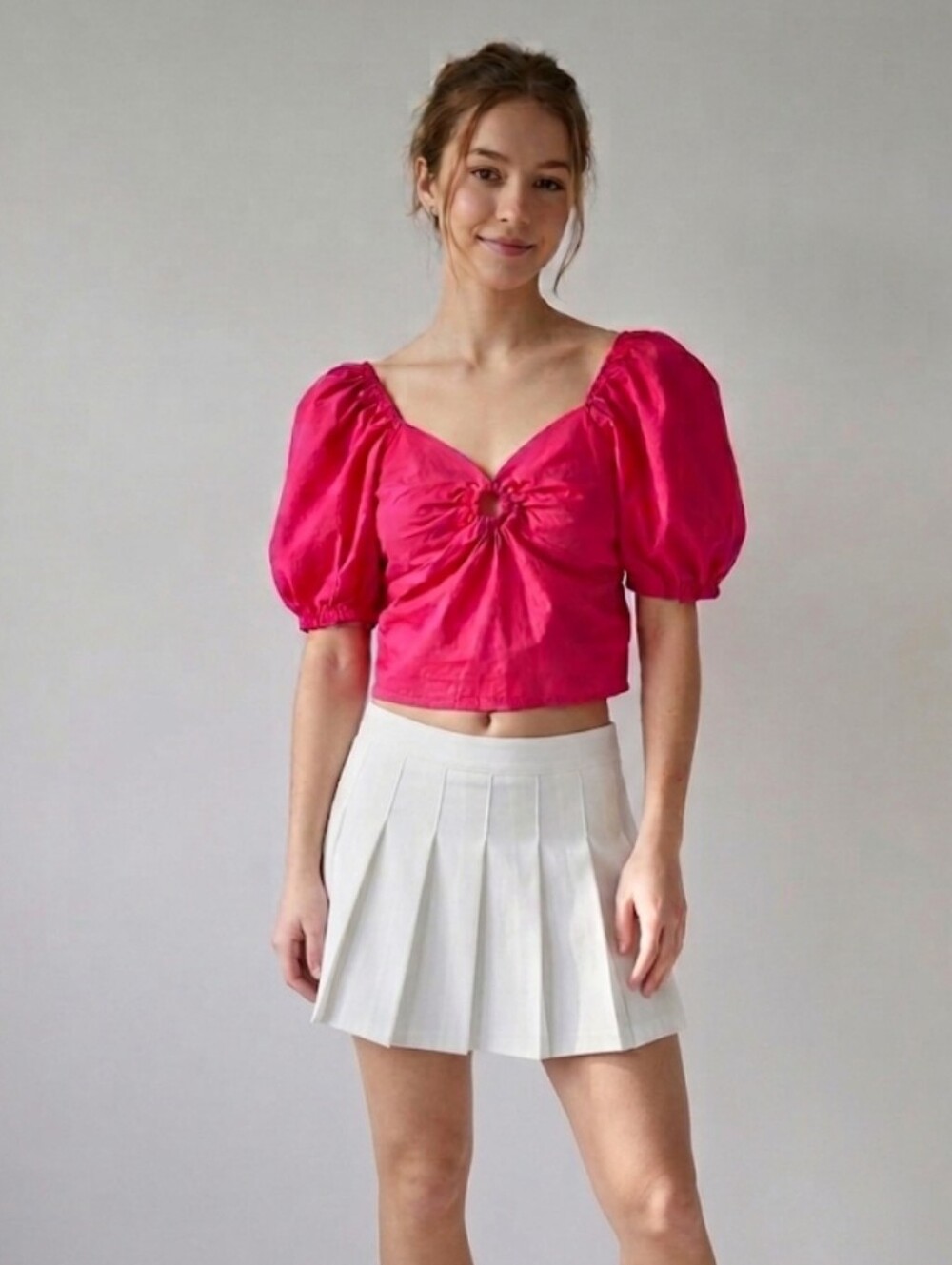 ​SIM & SAM Women's Size Large Hot Pink Fuschia Puff Sleeve Crop Top Smocked Back
